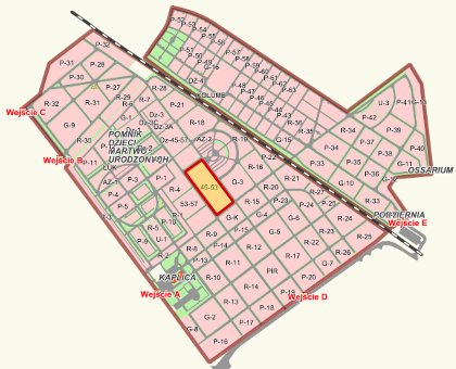 Plan cmentarza z zaznaczoną kwaterą 45-53